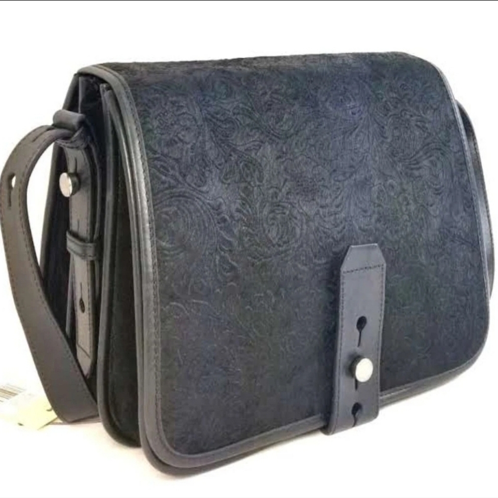 Lucky Brand Satchel Large Leather Calf Hair Rose Flap Handbag (Black)